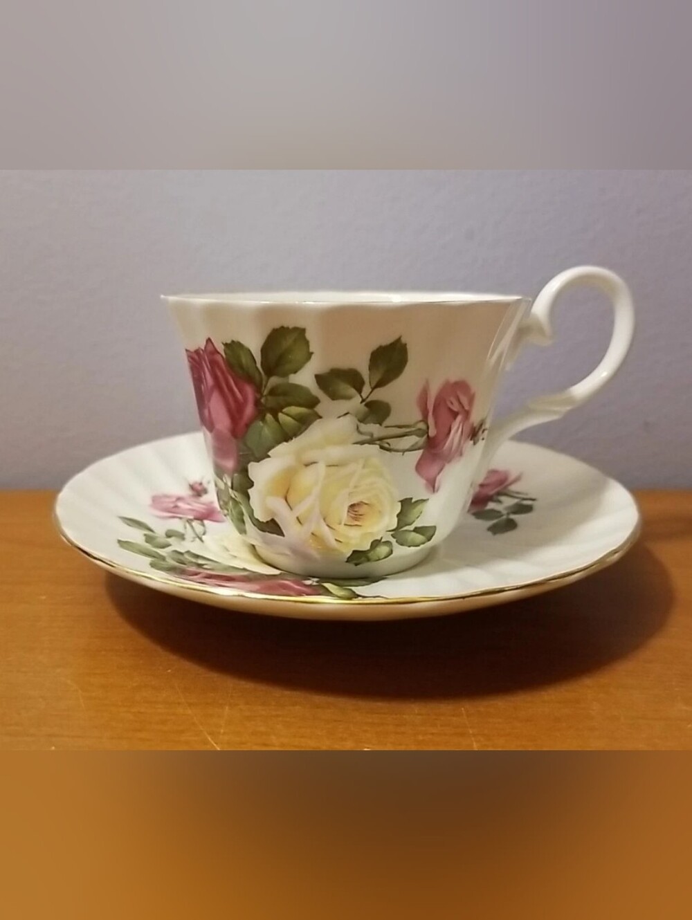 Vintage Royal Stuart Floral Bone China Teacup and Saucer Set Pink & Cream Roses